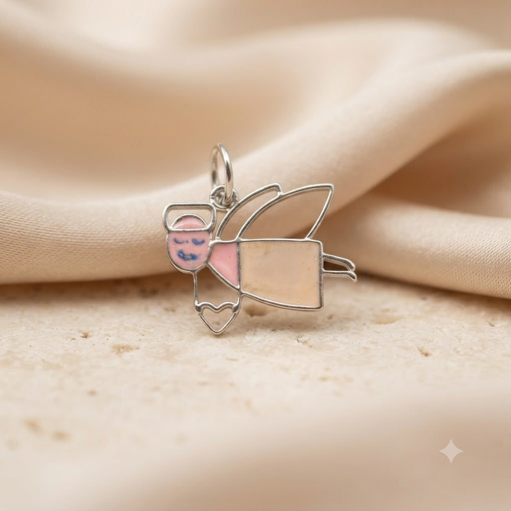 Sterling Silver enamel angel charm with pink and peach details
