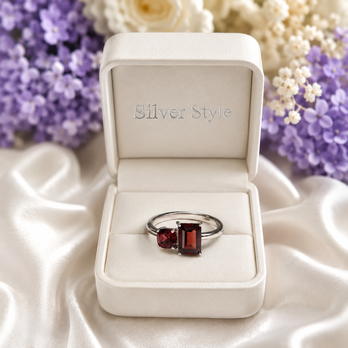 Duo Garnet Ring in Authentic 925 Sterling Silver