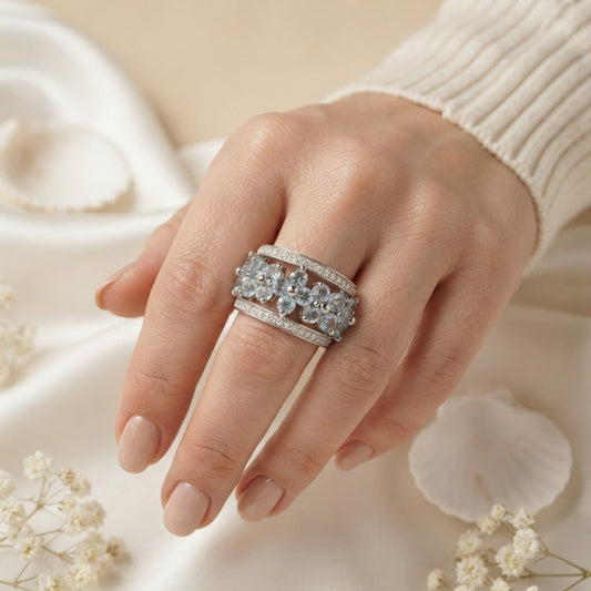 Floral Blue Topaz Band Ring in Authentic 925 Sterling Silver