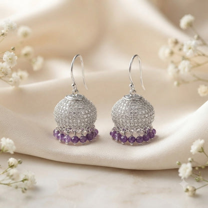 Handcrafted amethyst and silver jhumka earrings