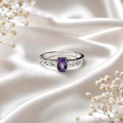 Engraved Amethyst Solitaire Ring in Authentic 925 Sterling Silver for Women