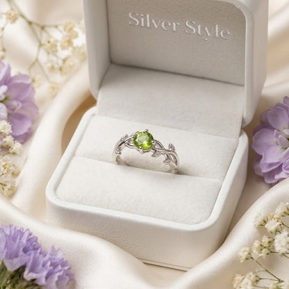 Nature-Inspired Peridot Leaf Ring in 925 Sterling Silver