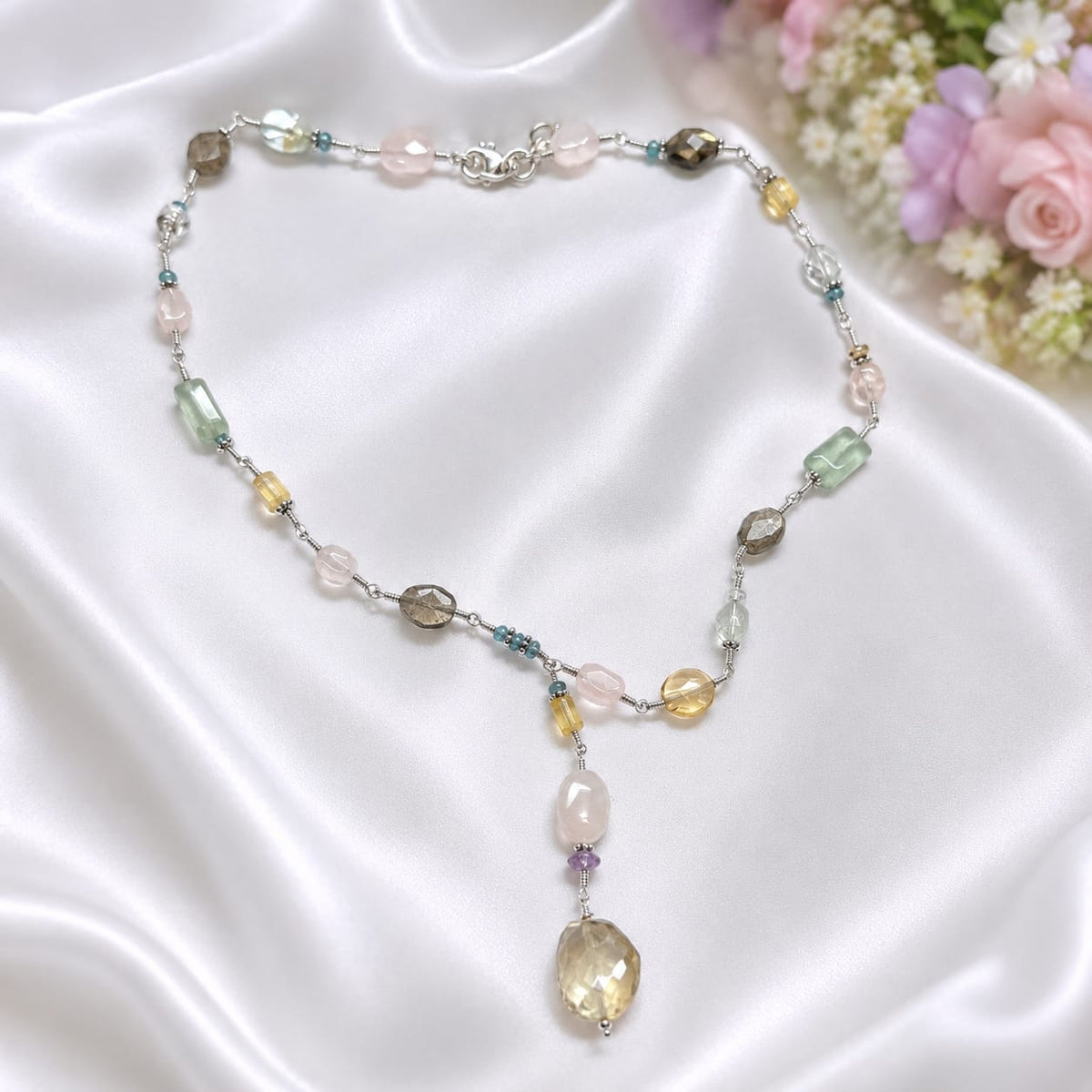 Gemstone Y Drop Necklace with Multicolor Stones in 925 Sterling Silver