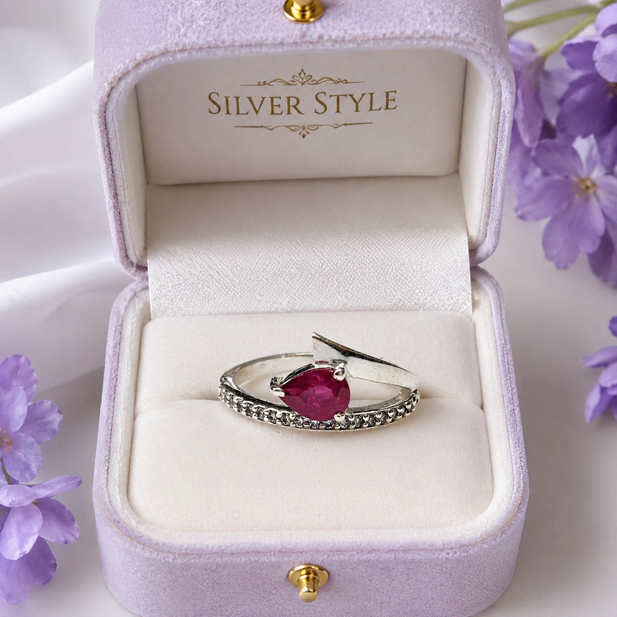Pear-Cut Ruby and Pave Bypass Ring in 925 Sterling Silver