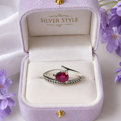 Pear-Cut Ruby and Pave Bypass Ring in 925 Sterling Silver