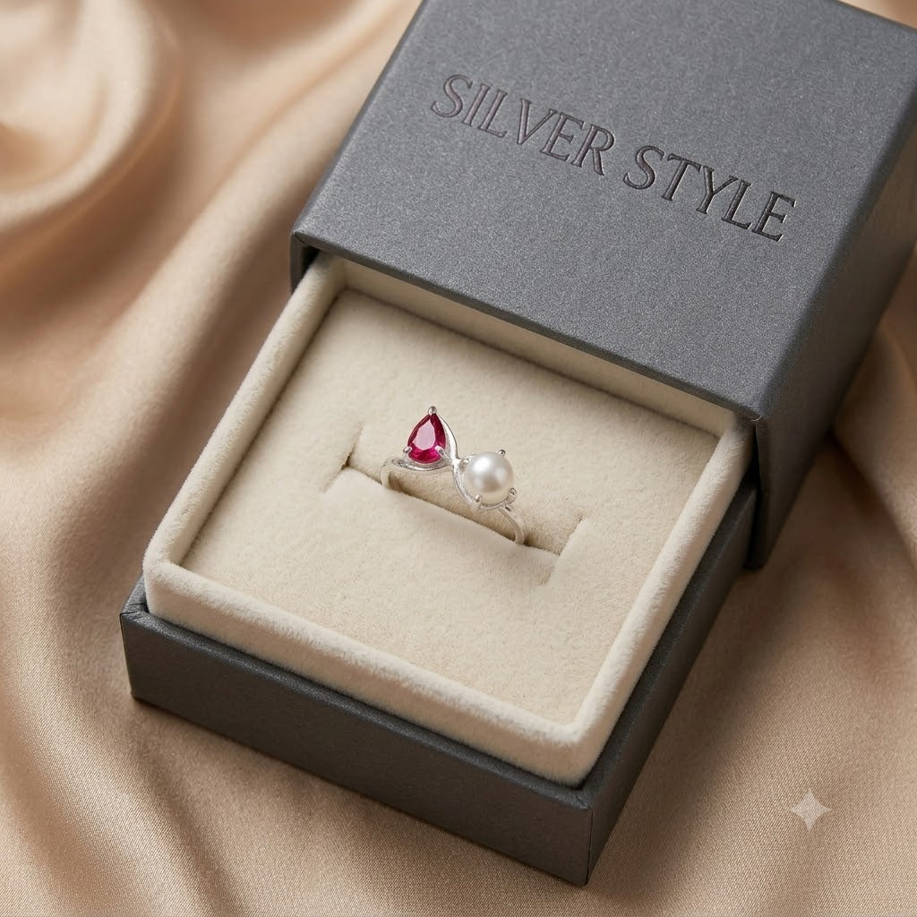 Pear-Cut Ruby and Pearl Bypass Ring in 925 Sterling Silver