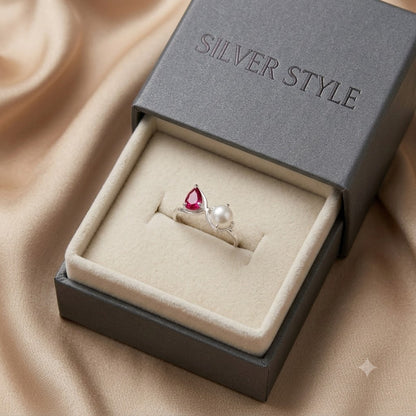 Pear-Cut Ruby and Pearl Bypass Ring in 925 Sterling Silver