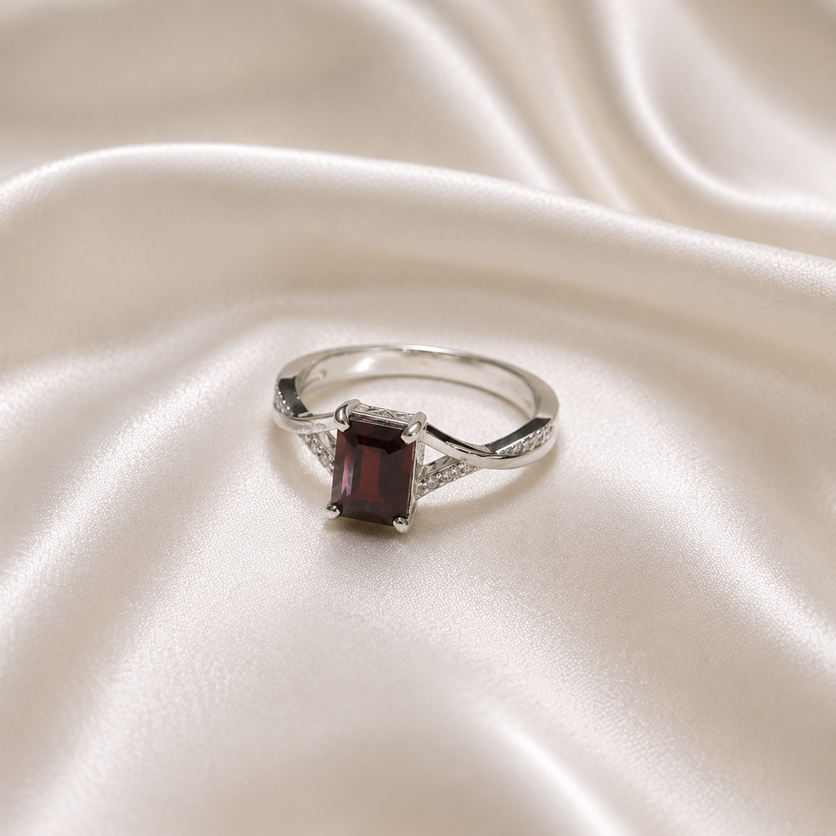 Red Garnet Emerald Cut Ring in 925 Sterling Silver