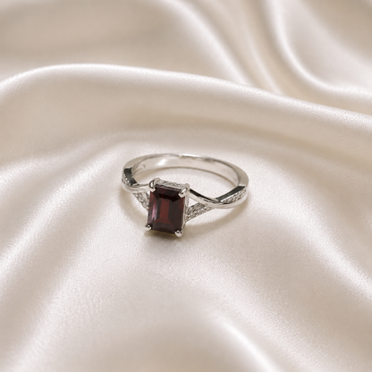 Red Garnet Emerald Cut Ring in 925 Sterling Silver
