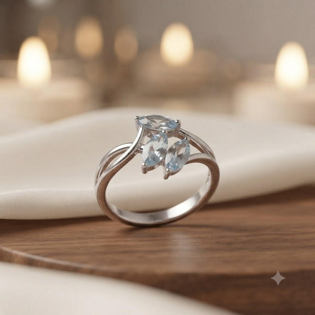 Three Stone Blue Topaz Ring in Authentic 925 Sterling Silver