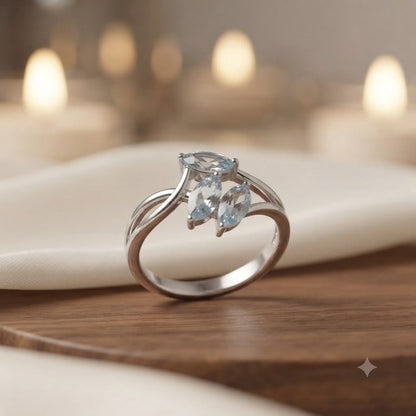 Three Stone Blue Topaz Ring in Authentic 925 Sterling Silver
