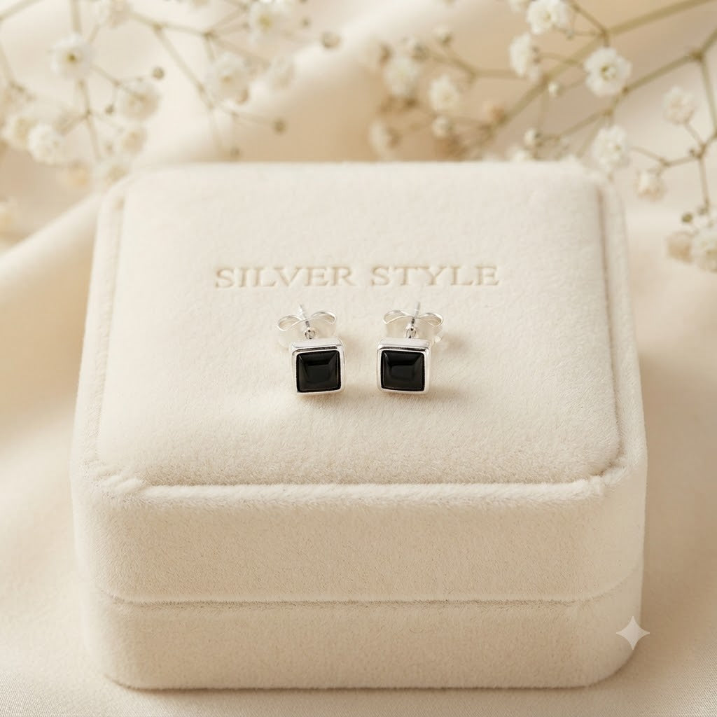 Black Onyx square stud earrings in 925 sterling silver