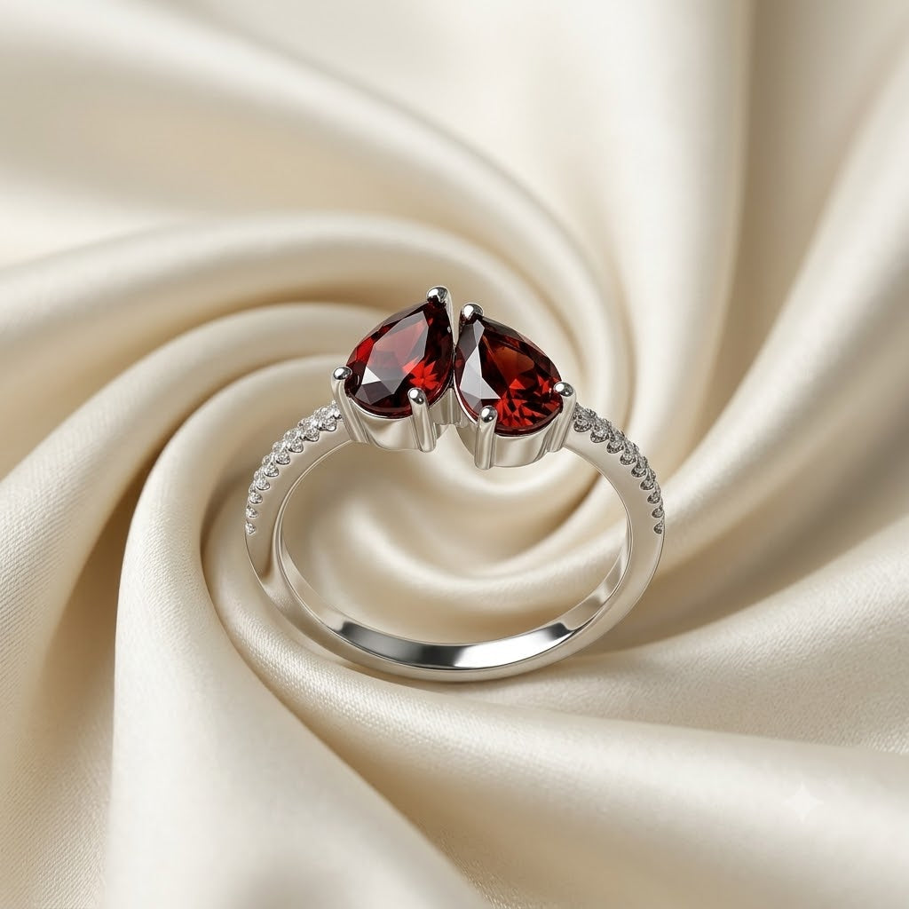 Red Garnet Double Pear Bypass Ring in 925 Sterling Silver
