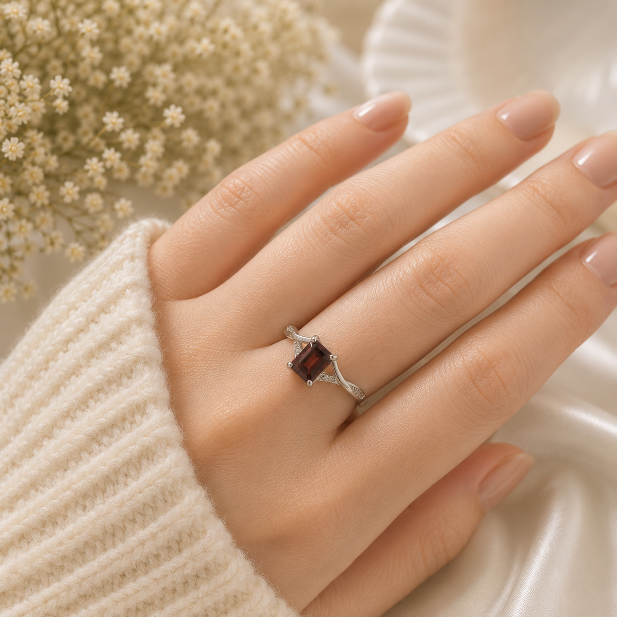 Red Garnet Emerald Cut Ring in 925 Sterling Silver