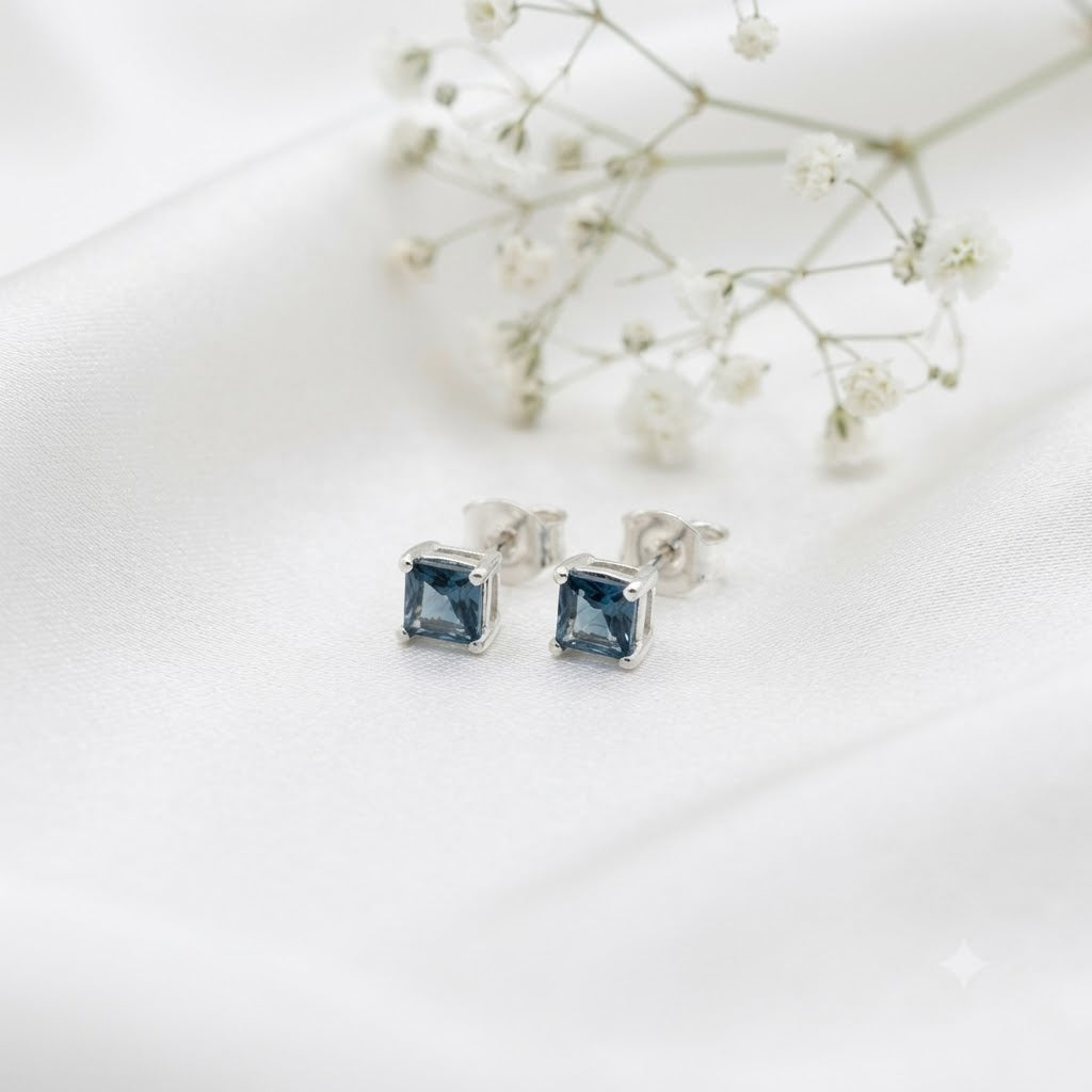 London Blue Topaz square stud earrings in 925 sterling silver