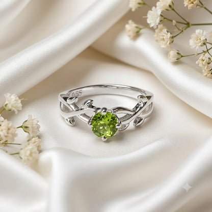 Nature-Inspired Peridot Leaf Ring in 925 Sterling Silver