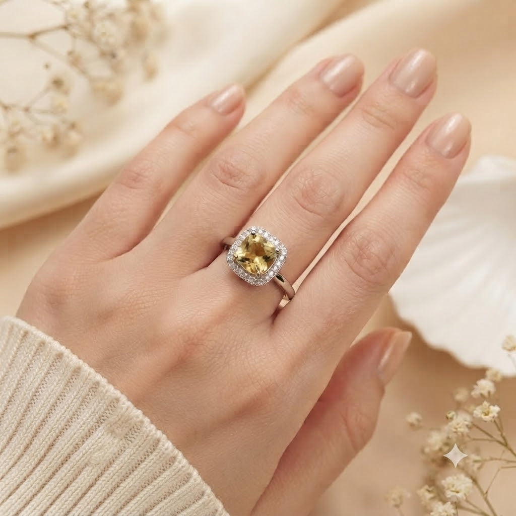 Cluster Citrine Ring 925 Sterling Silver Jewelry with Golden Yellow Citrine
