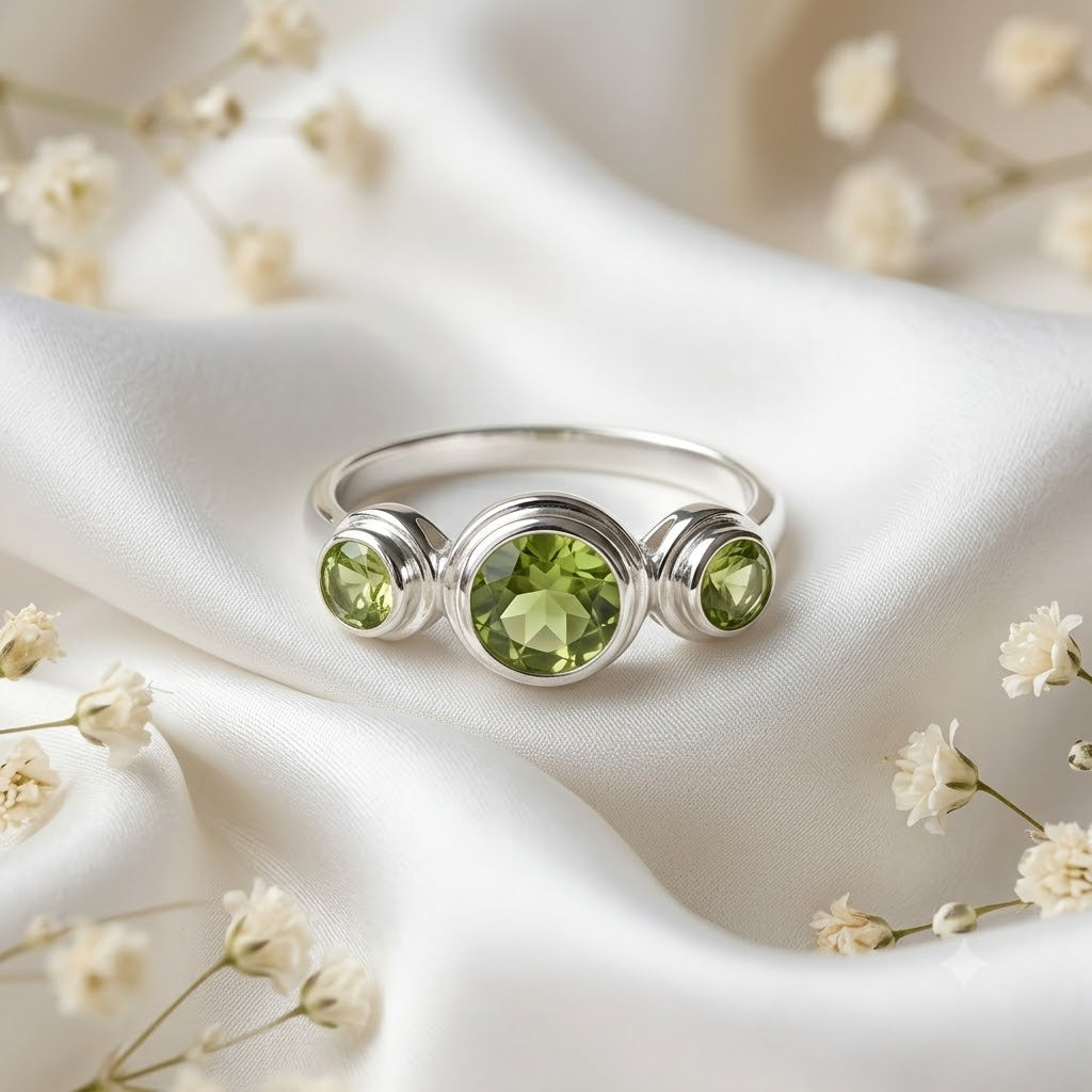Three-Stone Peridot Bezel Ring in 925 Sterling Silver