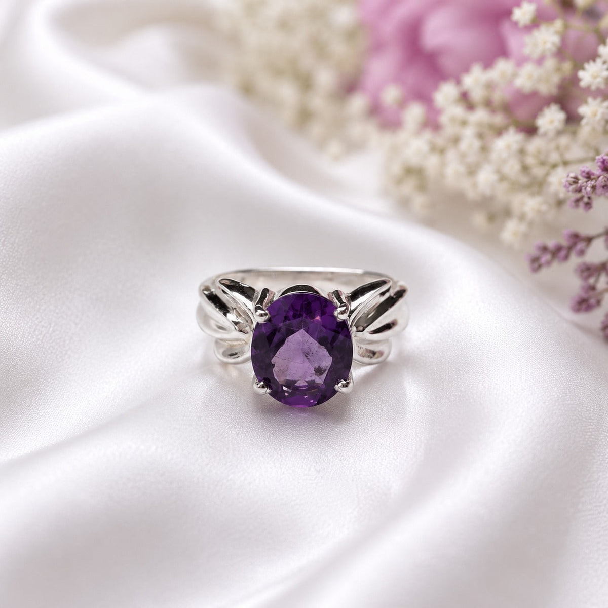Amethyst Oval Ring in Authentic 925 Sterling Silver for Women