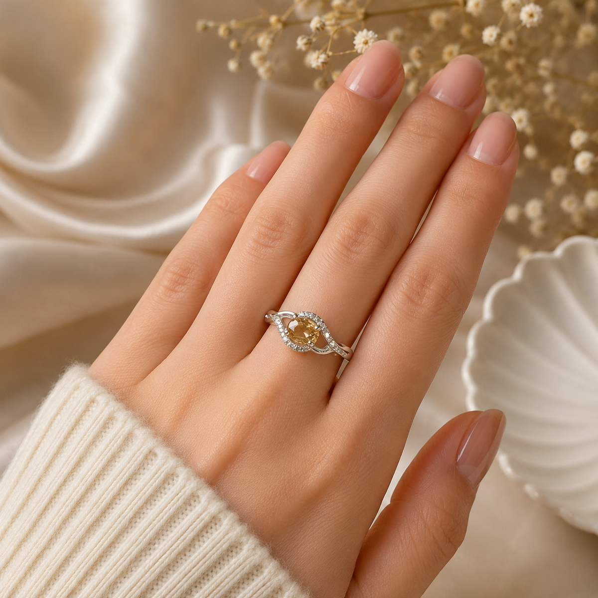 Halo Citrine Ring in Authentic 925 Sterling Silver