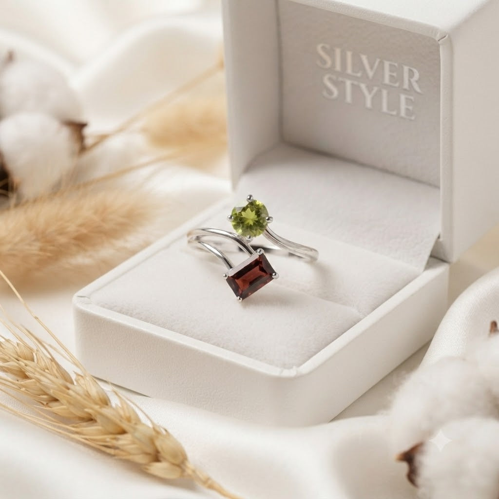 Garnet and Peridot Bypass Ring in 925 Sterling Silver