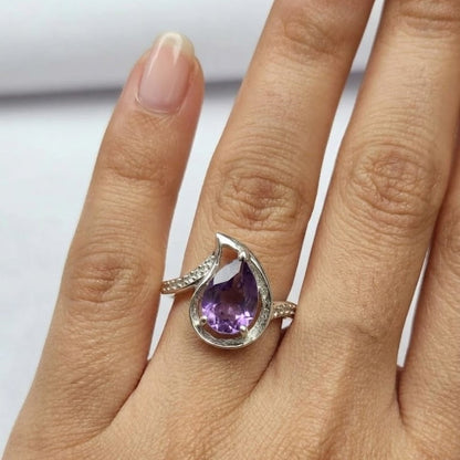 Amethyst Open Pear Ring 925 Silver