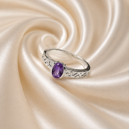 Engraved Amethyst Solitaire Ring in Authentic 925 Sterling Silver for Women