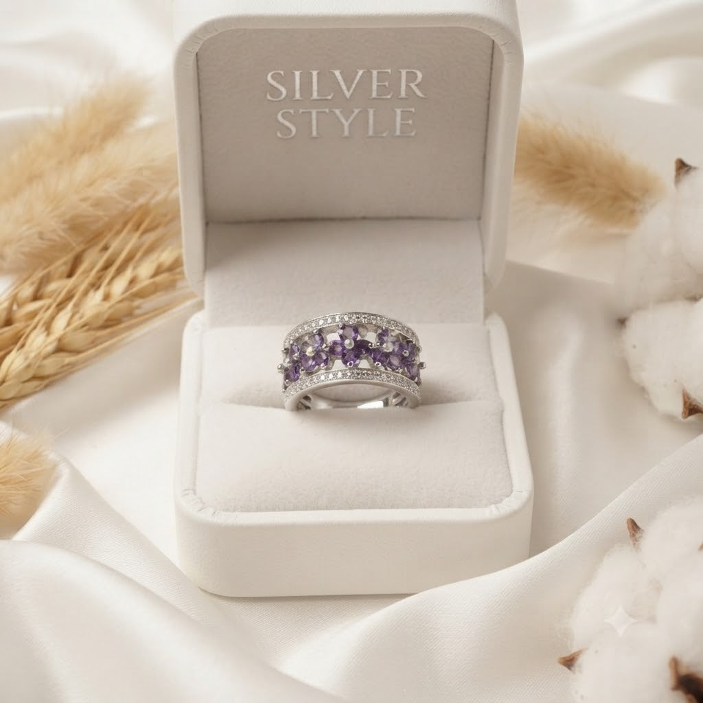 Floral Amethyst Ring in Authentic 925 Sterling Silver