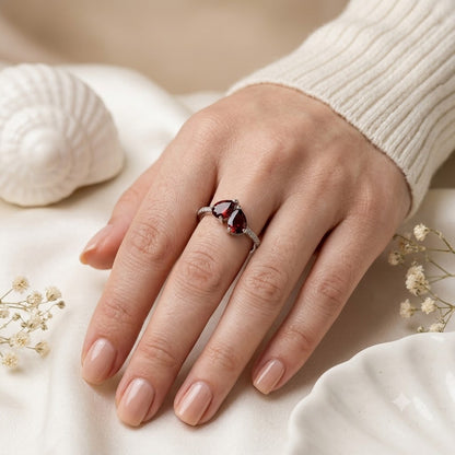 Red Garnet Double Pear Bypass Ring in 925 Sterling Silver