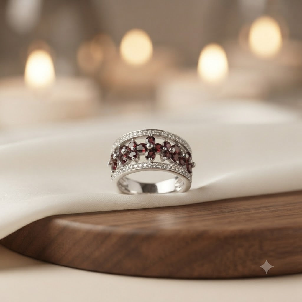Red Garnet Flower Band Ring in 925 Sterling Silver