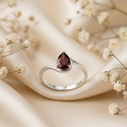 Red Garnet Pear Cut Bypass Ring in 925 Sterling Silver