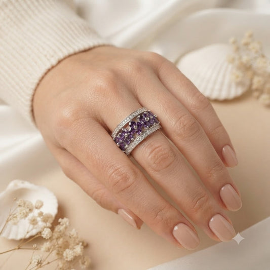 Floral Amethyst Ring in Authentic 925 Sterling Silver