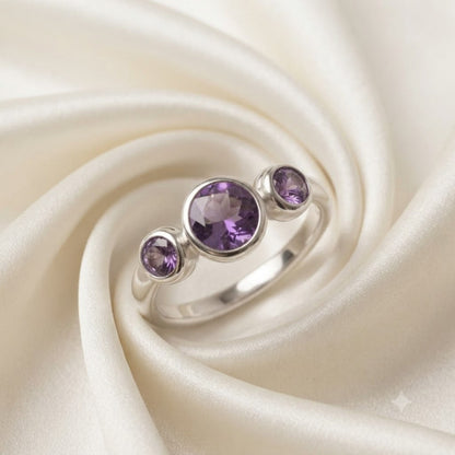 Cluster Amethyst Ring in 925 Sterling Silver with three round purple gemstones