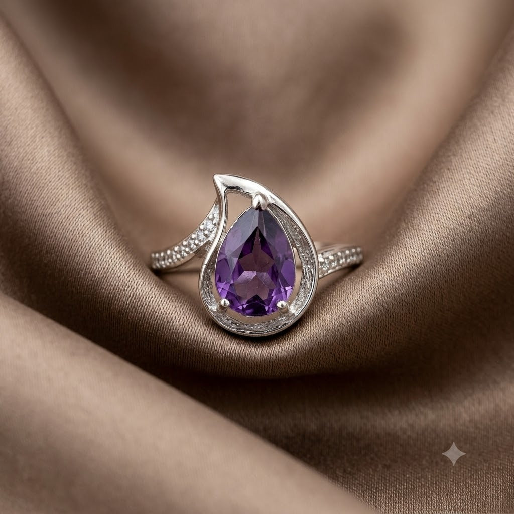 Amethyst Open Pear Ring 925 Silver