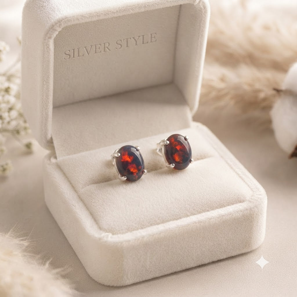 Black Opal stud earrings in 925 sterling silver with green and red play of colour