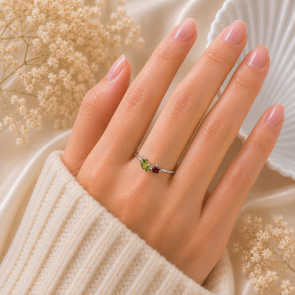 Peridot and Garnet Dainty Bypass Ring in 925 Sterling Silver