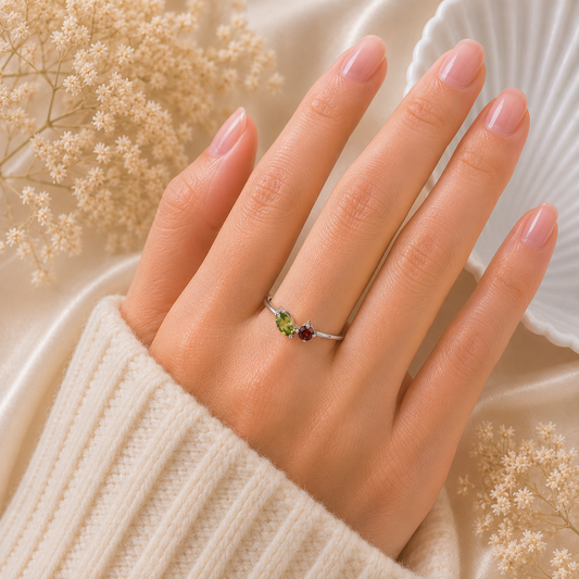 Peridot and Garnet Dainty Bypass Ring in 925 Sterling Silver