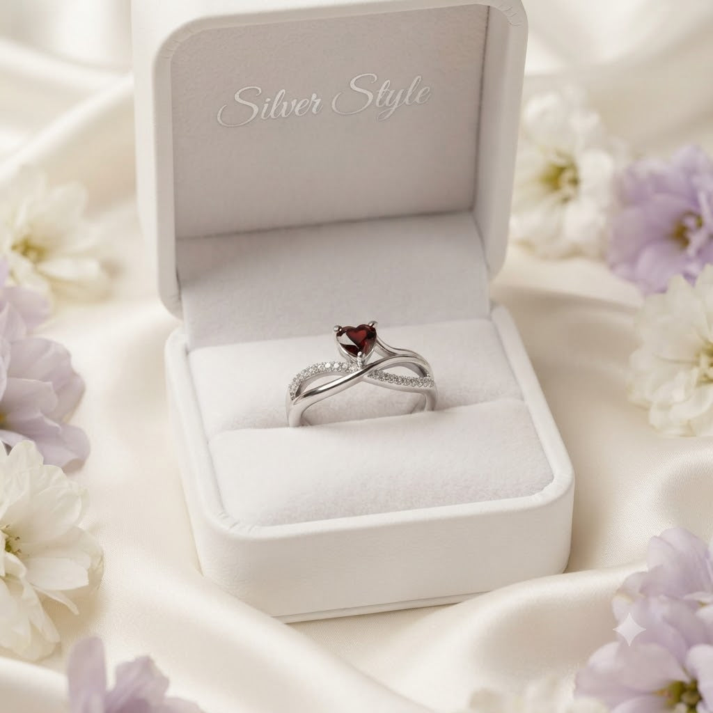 Red Garnet Heart Infinity Ring in 925 Sterling Silver