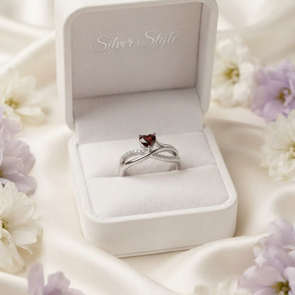 Red Garnet Heart Infinity Ring in 925 Sterling Silver