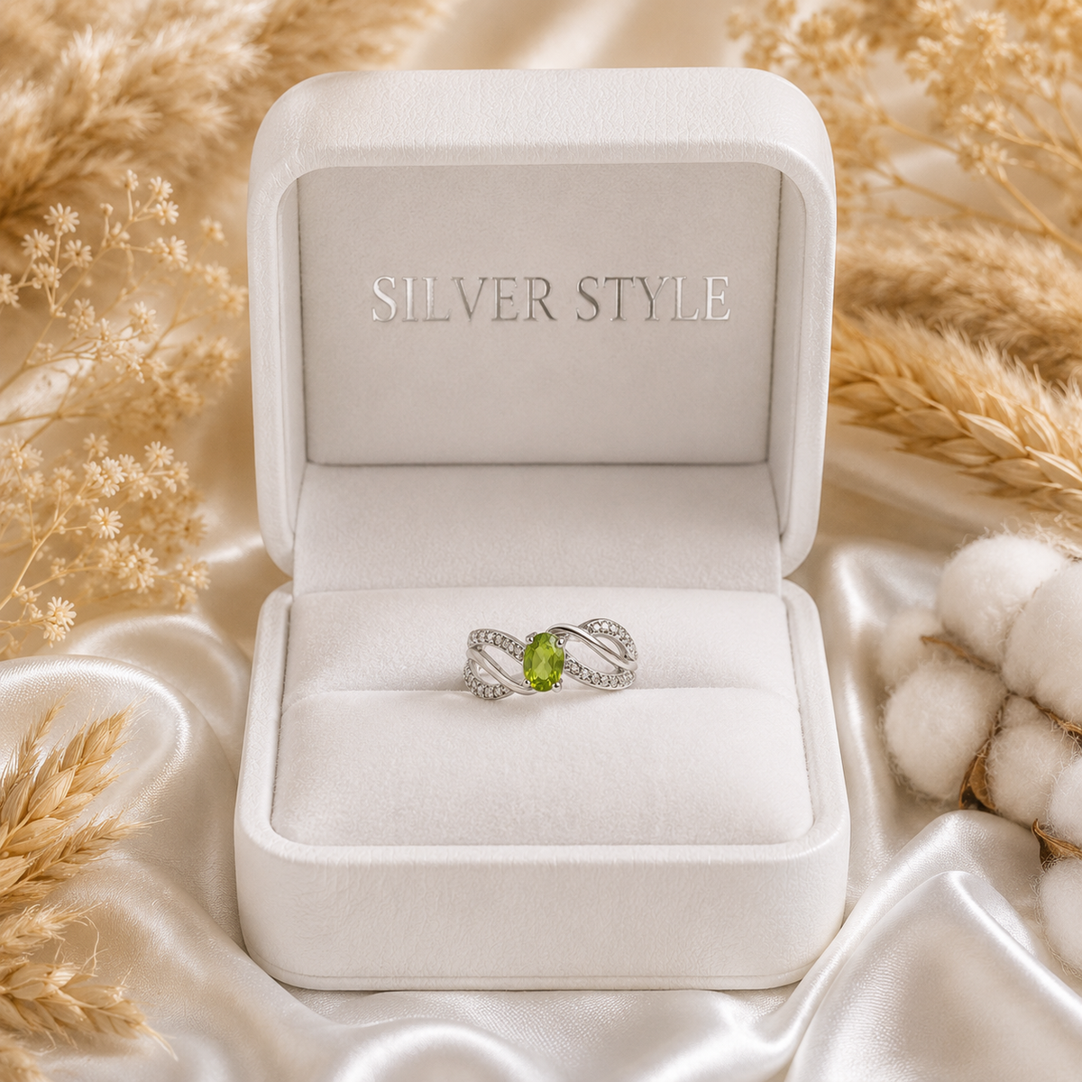 Oval Peridot Infinity Twist Ring in 925 Sterling Silver