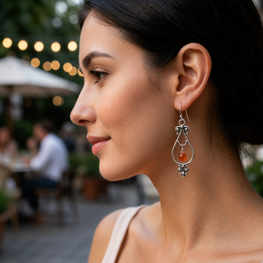 925 Sterling Silver Teardrop Dangle Earrings featuring a natural Carnelian gemstone in an elegant openwork design.