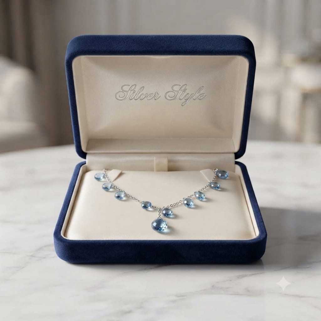 Blue Topaz drop necklace in 925 Sterling Silver with blue gemstone drops