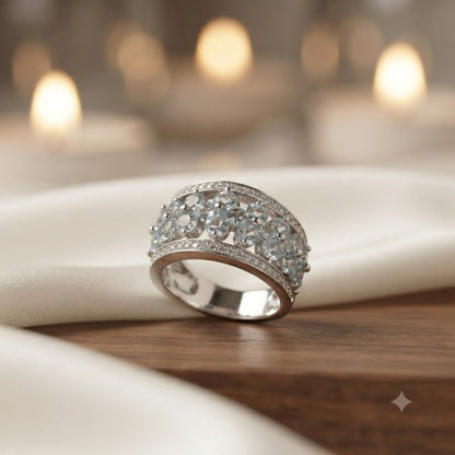 Floral Blue Topaz Band Ring in Authentic 925 Sterling Silver
