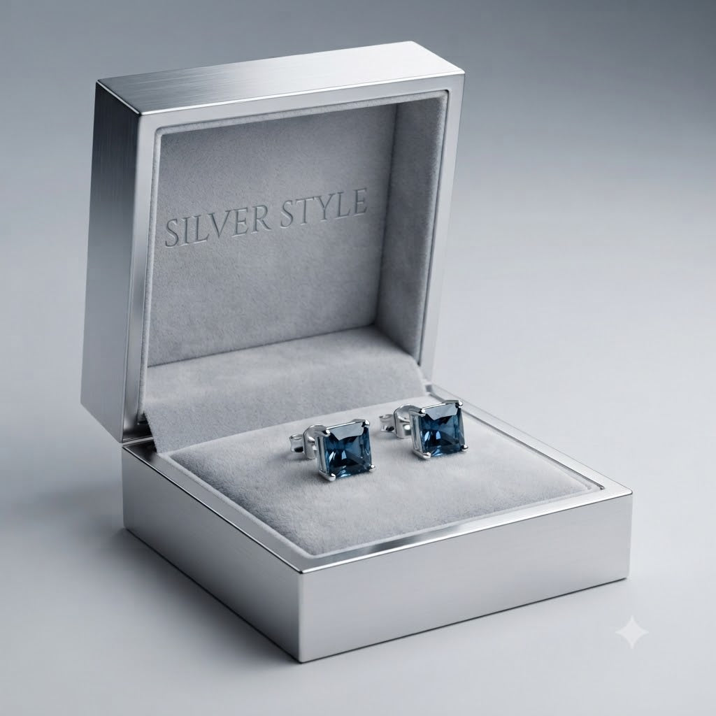 London Blue Topaz square stud earrings in 925 sterling silver