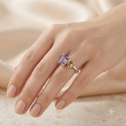 Twin Amethyst Ring in 925 Sterling Silver featuring an emerald cut purple Amethyst and a heart-shaped golden Citrine