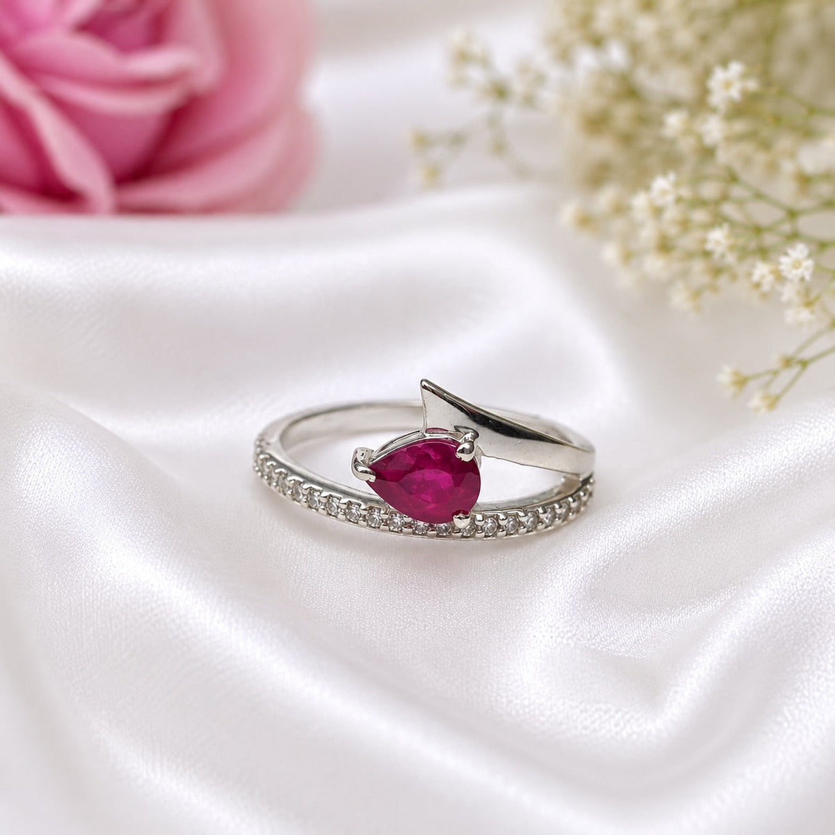 Pear-Cut Ruby and Pave Bypass Ring in 925 Sterling Silver