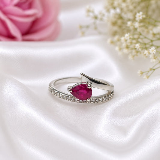Pear-Cut Ruby and Pave Bypass Ring in 925 Sterling Silver