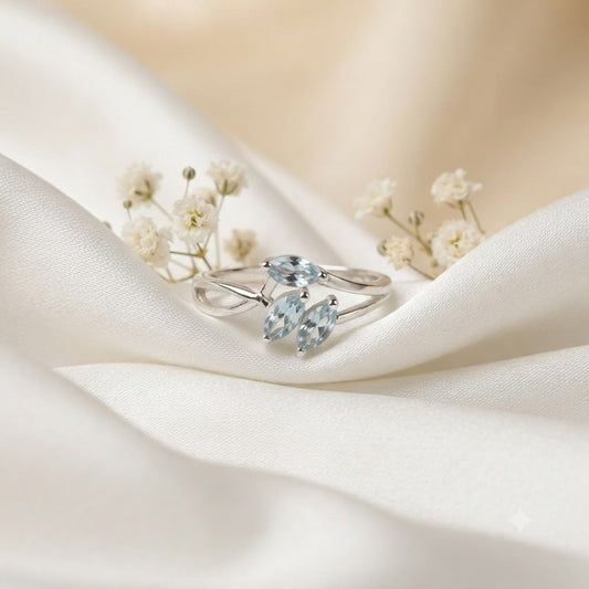 Three Stone Blue Topaz Ring in Authentic 925 Sterling Silver