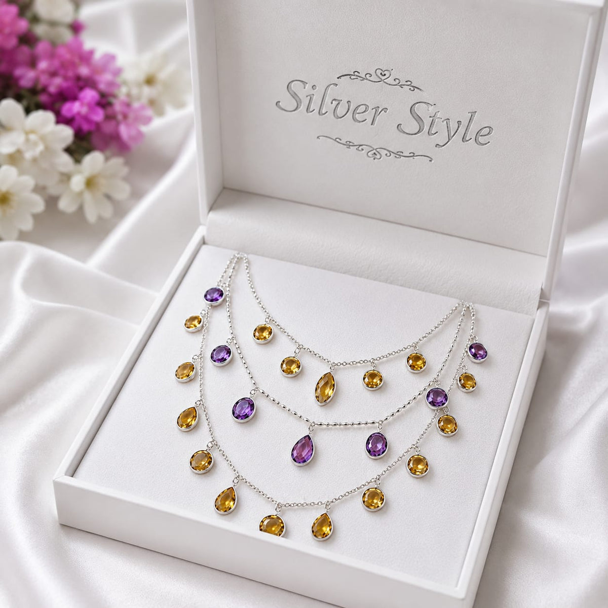 925 Sterling Silver 3 Layered Amethyst and Citrine Gemstone Necklace with Teardrop and Oval Cut Stones