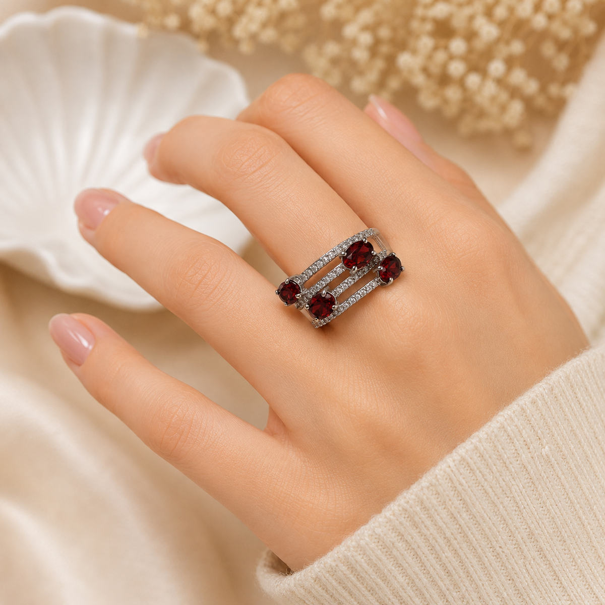 Multi Stone Garnet Ring in Authentic 925 Sterling Silver